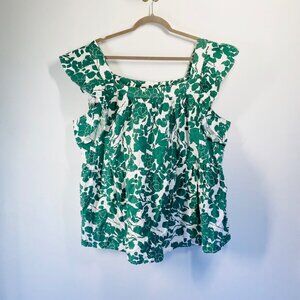 Hailey & Co Green Floral Ruffle Sleeve Womens Top 1X 100% Cotton Lightweight